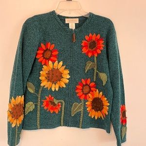Wool Sweater teal with sunflower details